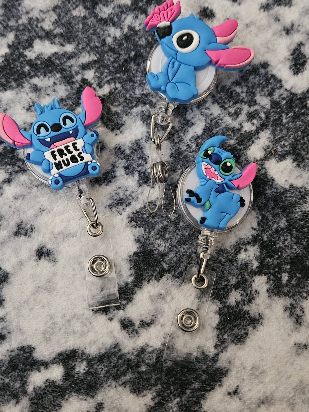 Cute Blue Stitch Badge Reel Set with Pink Accents